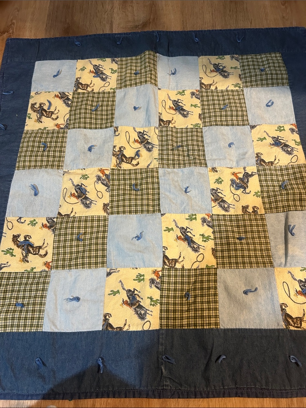Handmade Blue and Cream Cowboy Patchwork Baby Quilt